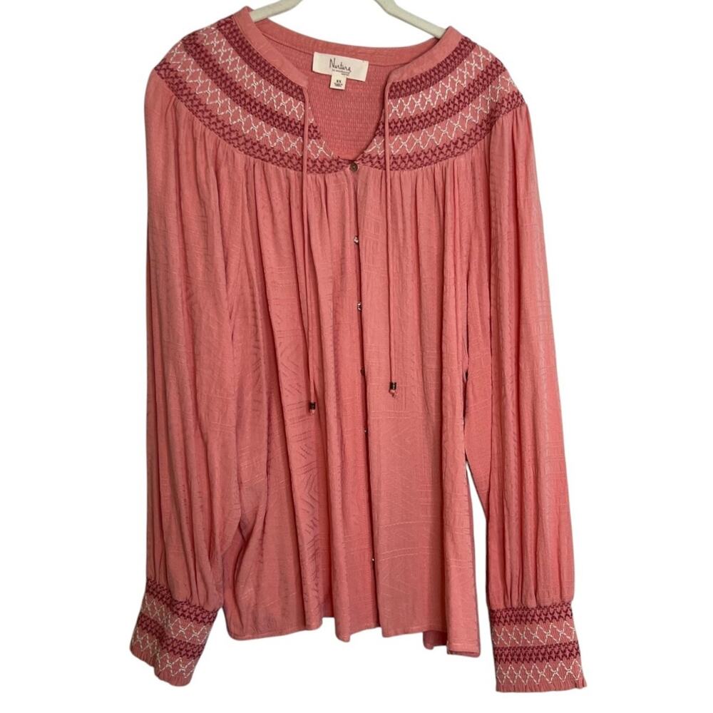 Nurture by Westbound Womens Blouse 2X Pink Smocked Yoke Textured Rayon NEW